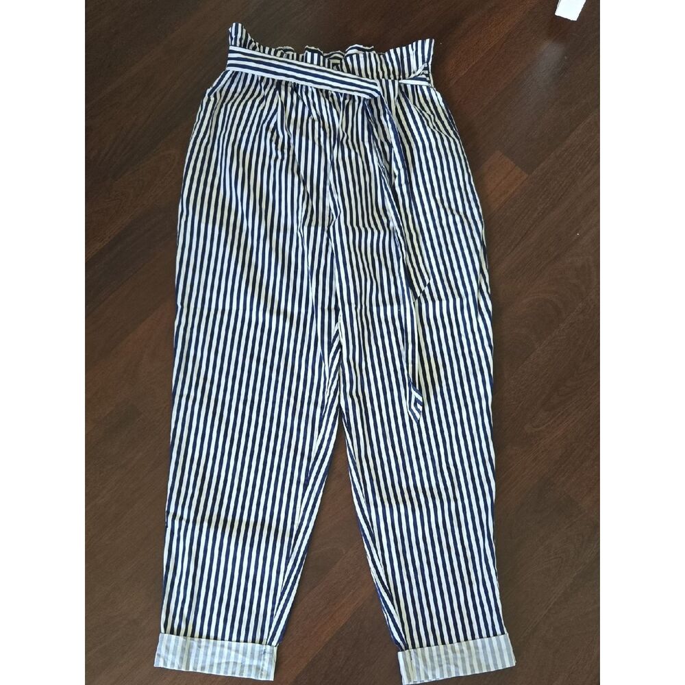 Zara Navy and White Striped Paperbag Waist Pants